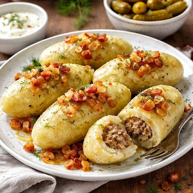 Cepeliny z mięsem na jasnym talerzu z okrasą z boczku i cebuli, koperkiem oraz kiszonymi ogórkami w tle