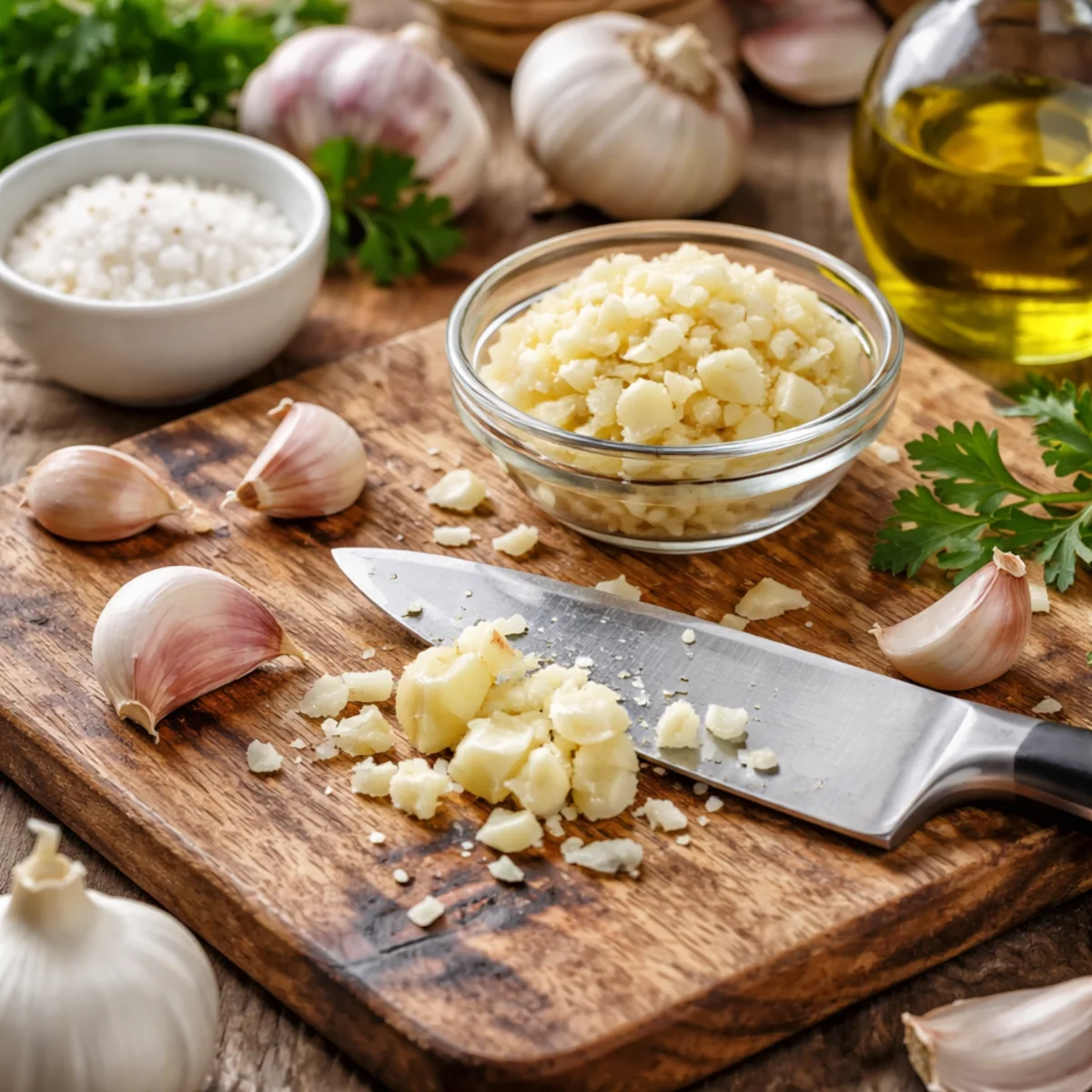 Czosnek posiekany na desce kuchennej – jak jeść czosnek, żeby nie tracił wartości