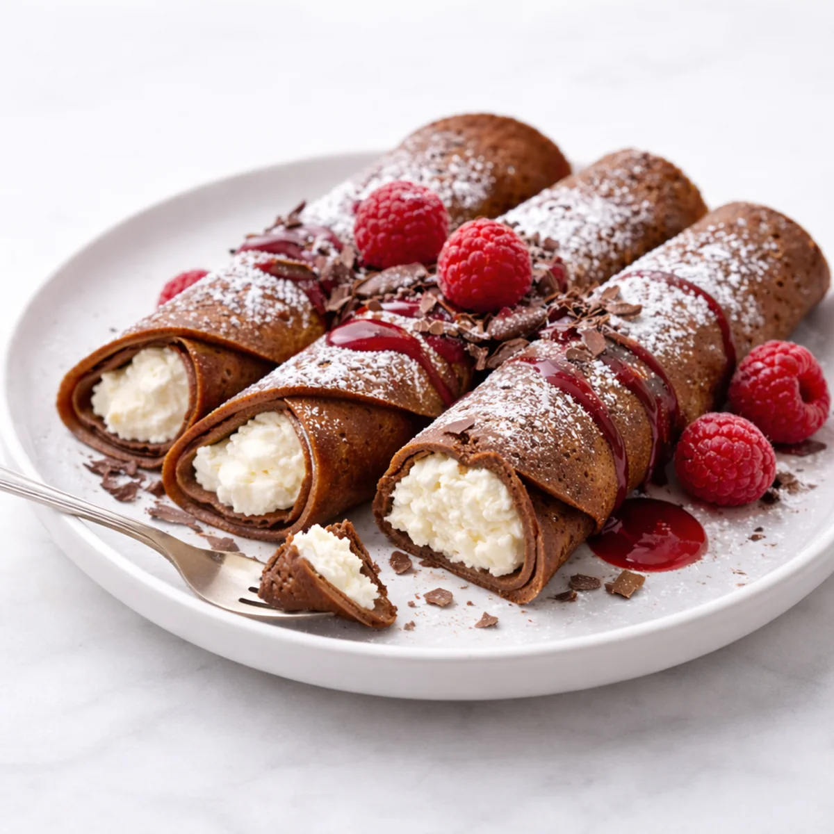 Kakaowe naleśniki z twarożkiem na białym talerzu, jeden nadkrojony, z malinami i sosem