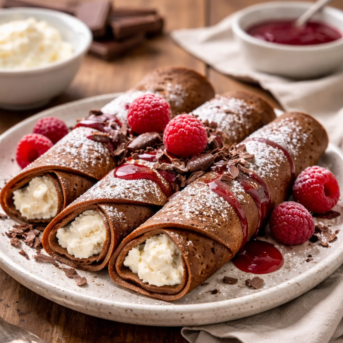 Kakaowe naleśniki z twarożkiem na talerzu, posypane cukrem pudrem, z malinami i sosem owocowym