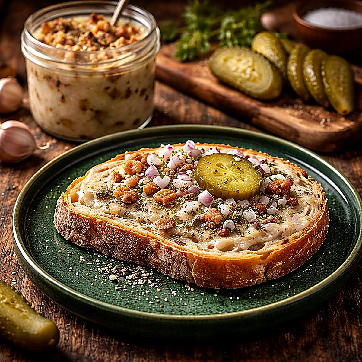 Kanapka z smalcem domowym, skwarkami i cebulką na butelkowo-zielonym talerzu, w tle słoiczek smalcu i ogórki kiszone