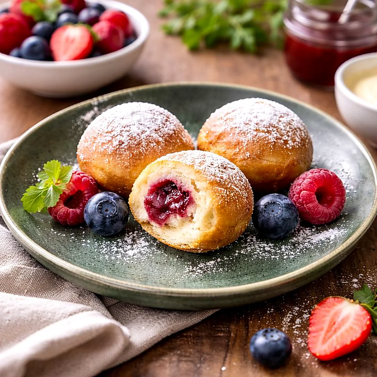 Mini pączki ze skyrem na zielonym talerzu z cukrem pudrem i świeżymi owocami