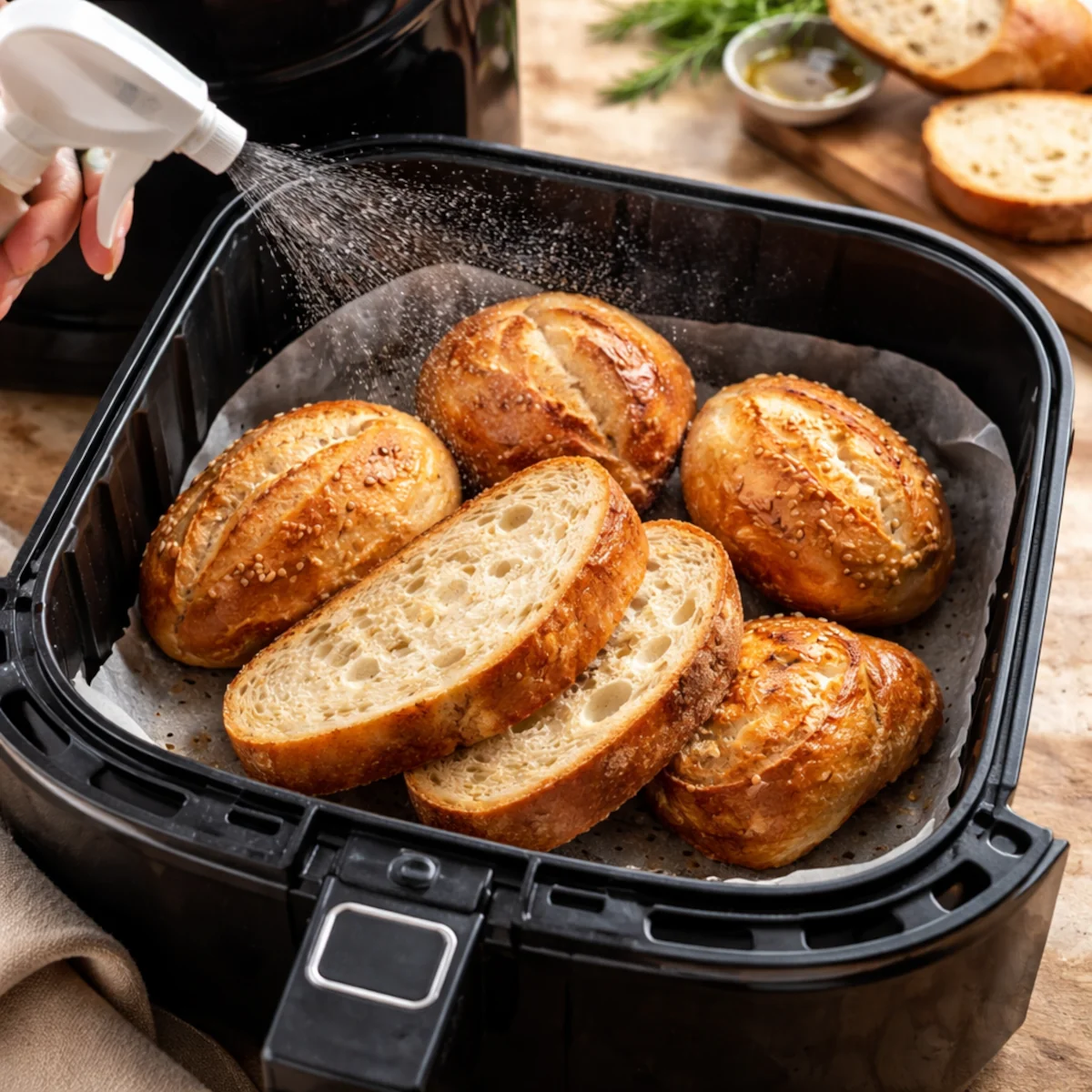 Odświeżanie pieczywa w airfryerze – bułki i kromki chleba spryskane wodą w koszyku urządzenia