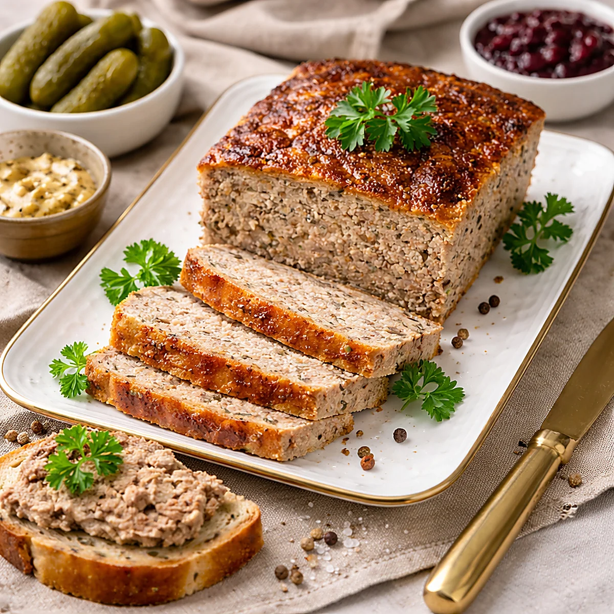 Elegancko podany pasztet z mięsa z rosołu na białym półmisku, plastry pasztetu z natką pietruszki