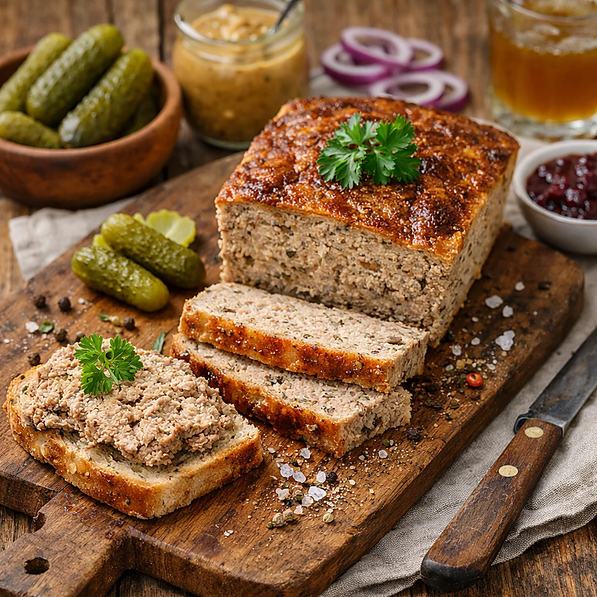 Pasztet z mięsa z rosołu na desce, pokrojony w plastry, z ogórkami kiszonymi i musztardą