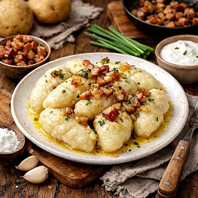 Prażuchy ziemniaczane polane masłem i posypane skwarkami na białym talerzu, na drewnianym stole