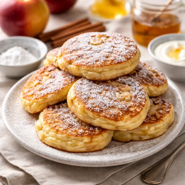 Racuchy drożdżowe z jabłkami oprószone cukrem pudrem na talerzu na lnianym obrusie