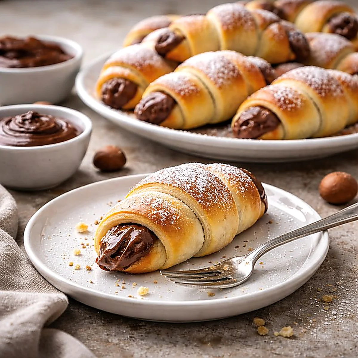 Rogalik z kremem czekoladowym na białym talerzyku, w tle patera z rogalikami