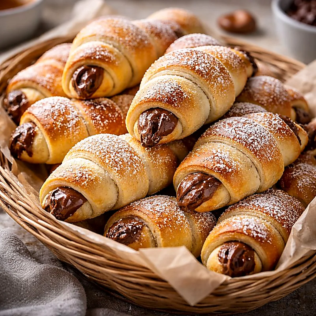 Rogaliki z kremem czekoladowym oprószone cukrem pudrem w koszyku – domowe wypieki