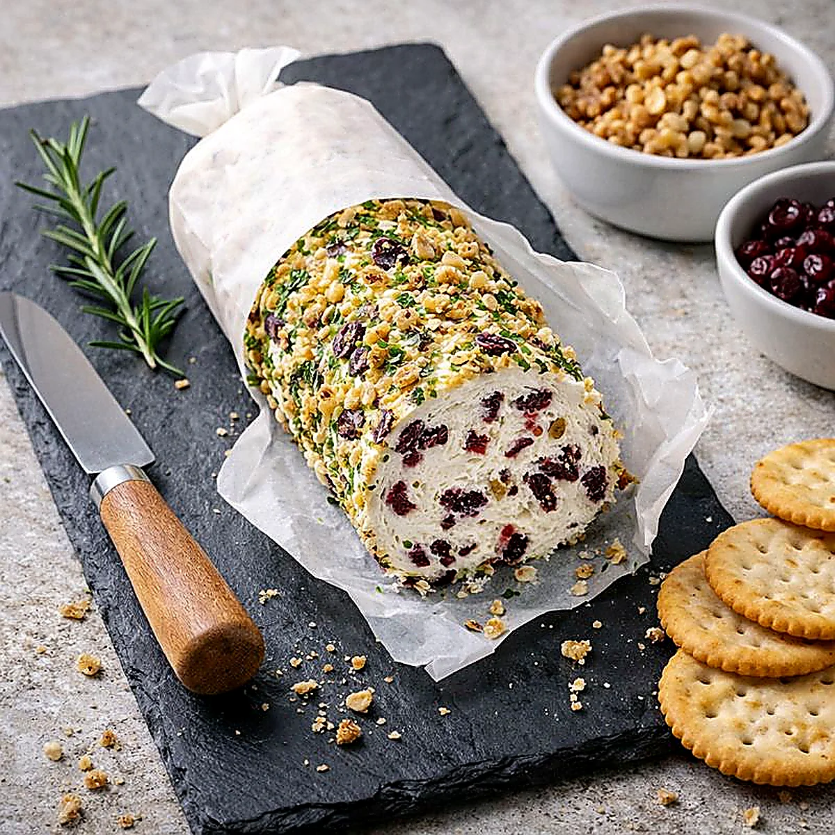 Roladka serowa z żurawiną w całości na czarnej łupkowej desce, z krakersami i nożykiem do serów