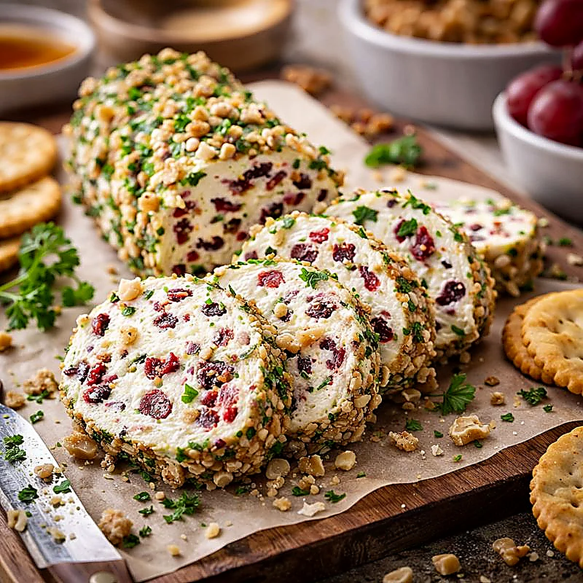 Roladka serowa z żurawiną pokrojona w plastry, obtoczona w orzechach, podana z krakersami