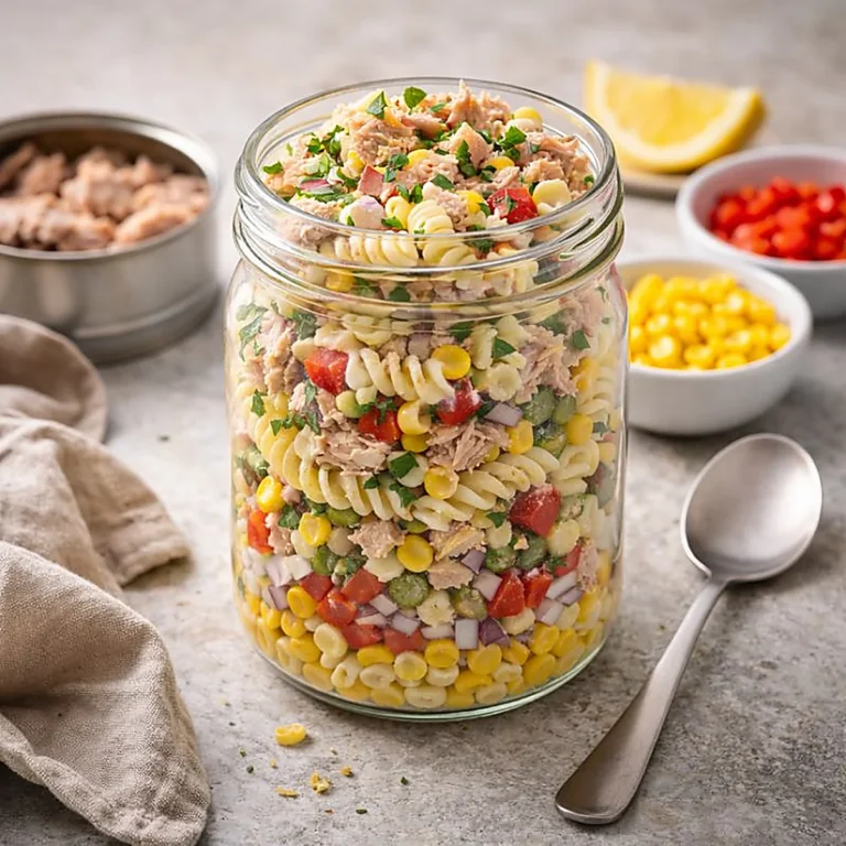 Sałatka makaronowa z tuńczykiem w słoiku lunchbox na wynos z kukurydzą, papryką i natką