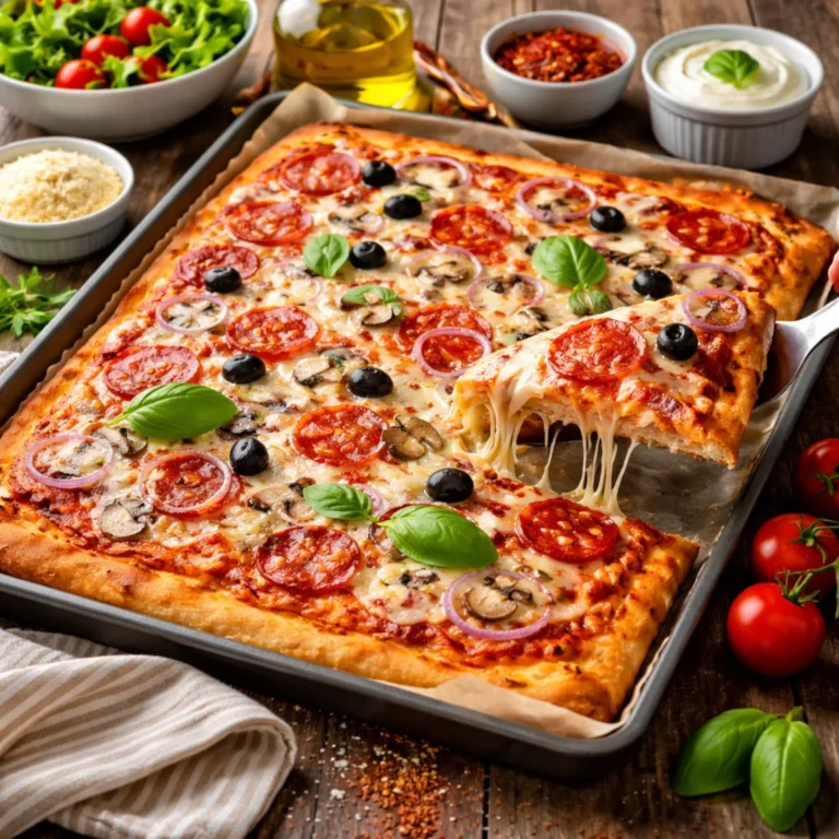Domowa pizza na dużą blachę na blasze z papierem do pieczenia, z pepperoni, pieczarkami i oliwkami