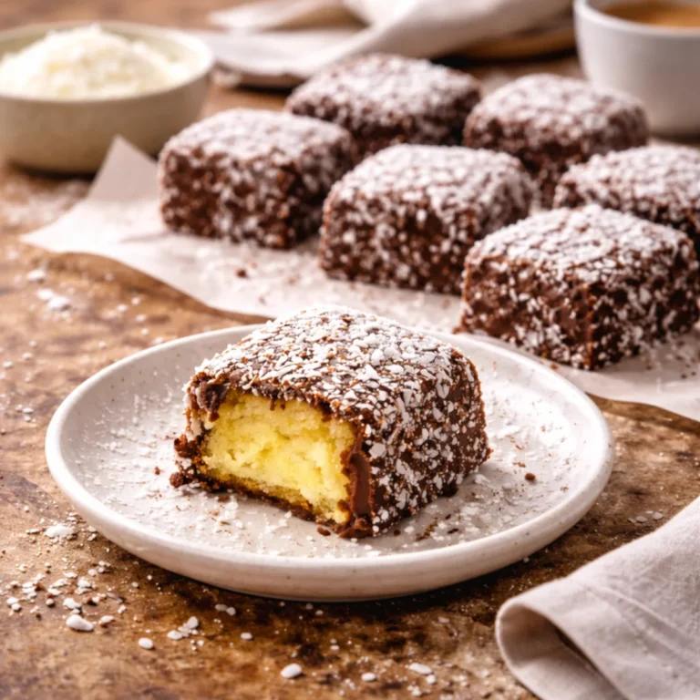 Nadgryziona kokosanka w czekoladzie i wiórkach kokosowych na talerzyku, w tle pozostałe kokosanki