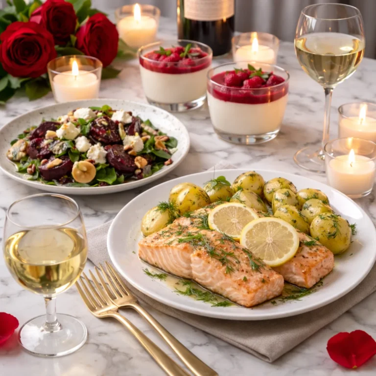 Kolacja walentynkowa dla dwojga: pieczony łosoś z cytryną i ziemniaczkami, sałatka z burakiem oraz deser malinowy, świece i wino
