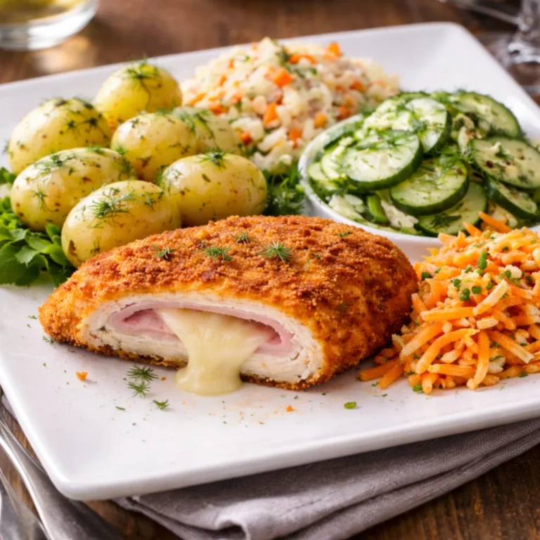 Kotlet szwajcarski na białym, kwadratowym talerzu z młodymi ziemniakami z koperkiem i trzema surówkami