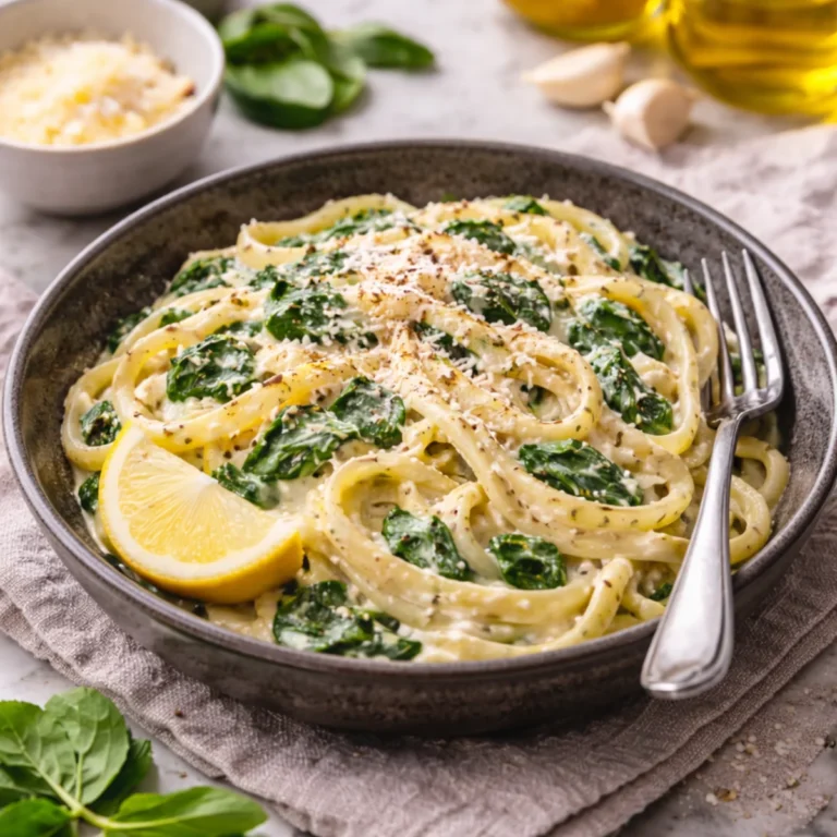 Tagliatelle z ricottą i szpinakiem w ciemnej misce, gotowe do jedzenia, z parmezanem i cytryną