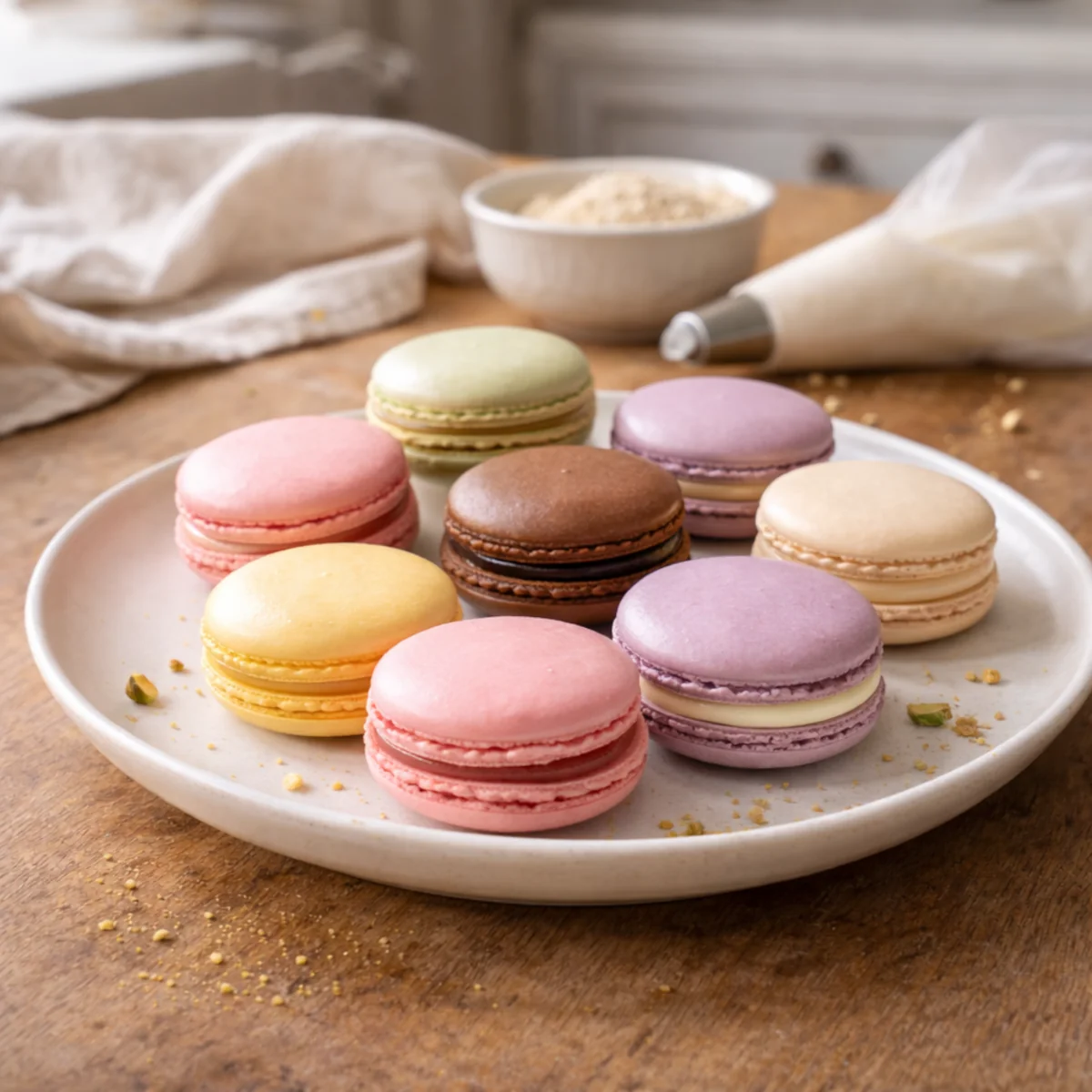 Domowe makaroniki w pastelowych kolorach na kremowym talerzyku na drewnianym blacie, gładka skorupka i stopka