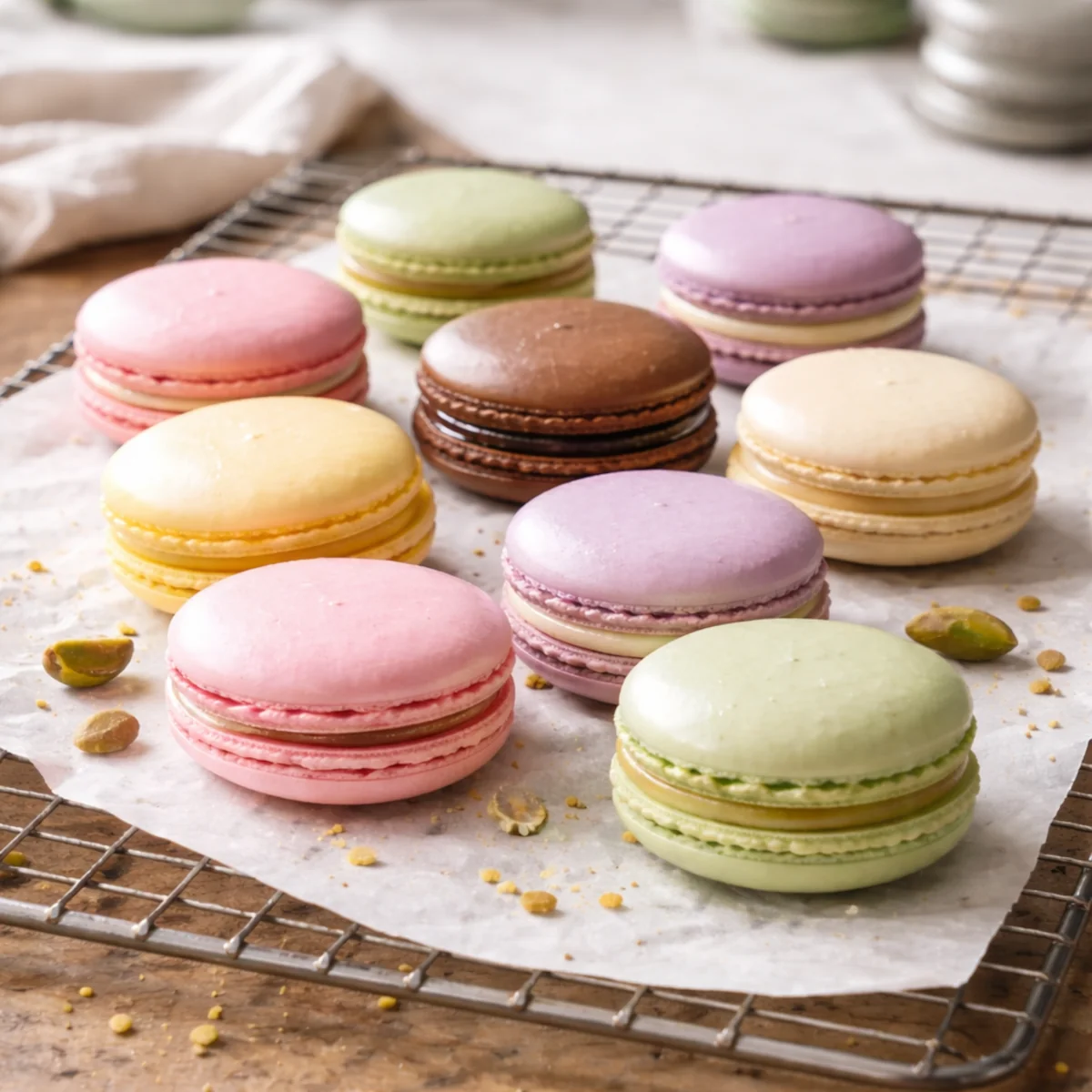 Domowe makaroniki w pastelowych kolorach na kratce do studzenia, gładka skorupka i wyraźna stopka