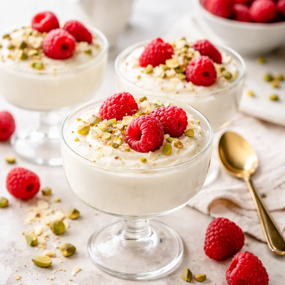 Pucharek z musem z białej czekolady na nóżce, na wierzchu maliny i posiekane pistacje, w tle kolejne pucharki