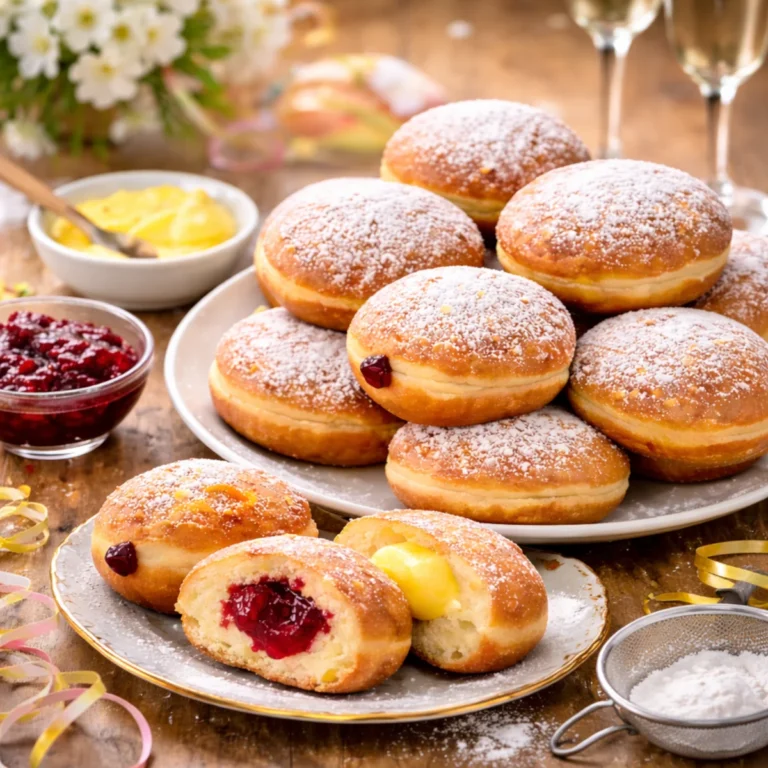 Pączki oprószone cukrem pudrem na eleganckim talerzu, dwa przekrojone z nadzieniem malinowym i waniliowym – nadzienie do pączków przed smażeniem czy po