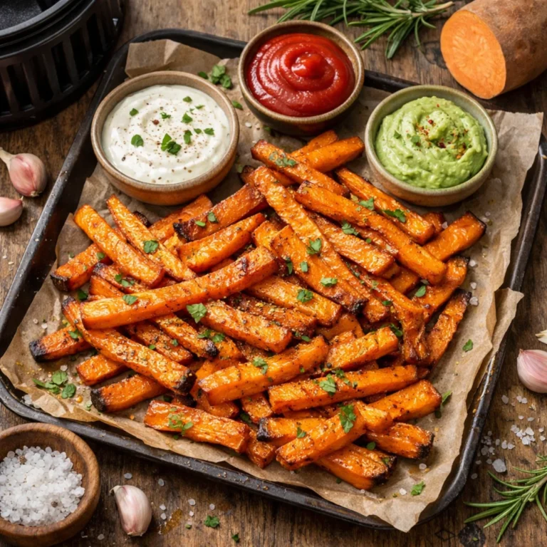 Chrupiące frytki z batatów pieczone na blasze z trzema sosami do maczania