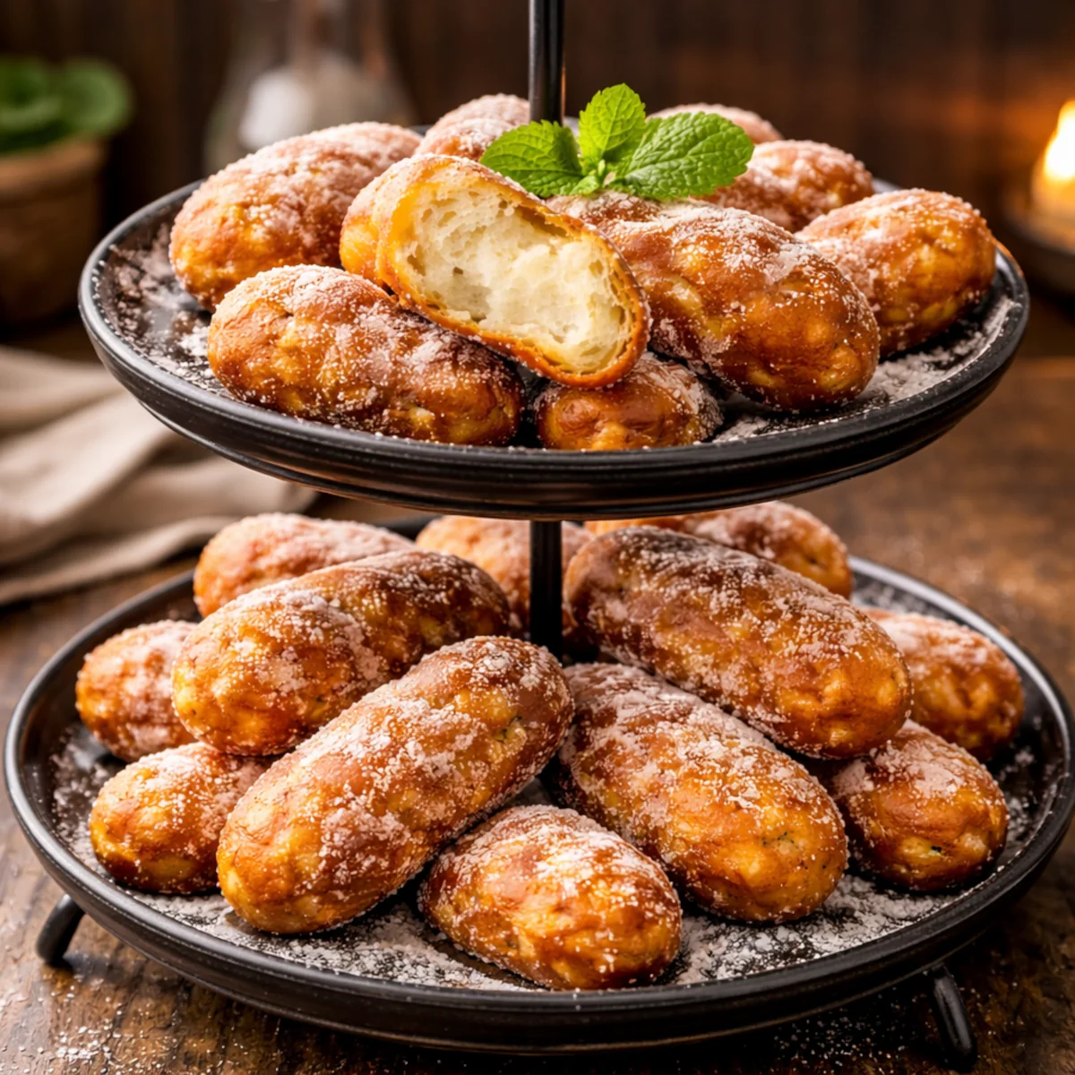 Pączki tajskie oprószone cukrem pudrem na czarnej piętrowej paterze, jeden przełamany z widocznym puszystym środkiem