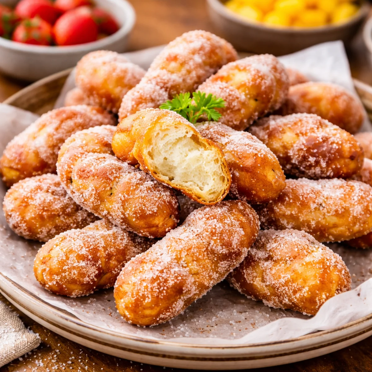 Pączki tajskie w podłużnych kawałkach oprószone cukrem pudrem na talerzu, jeden przełamany pokazuje miękki środek