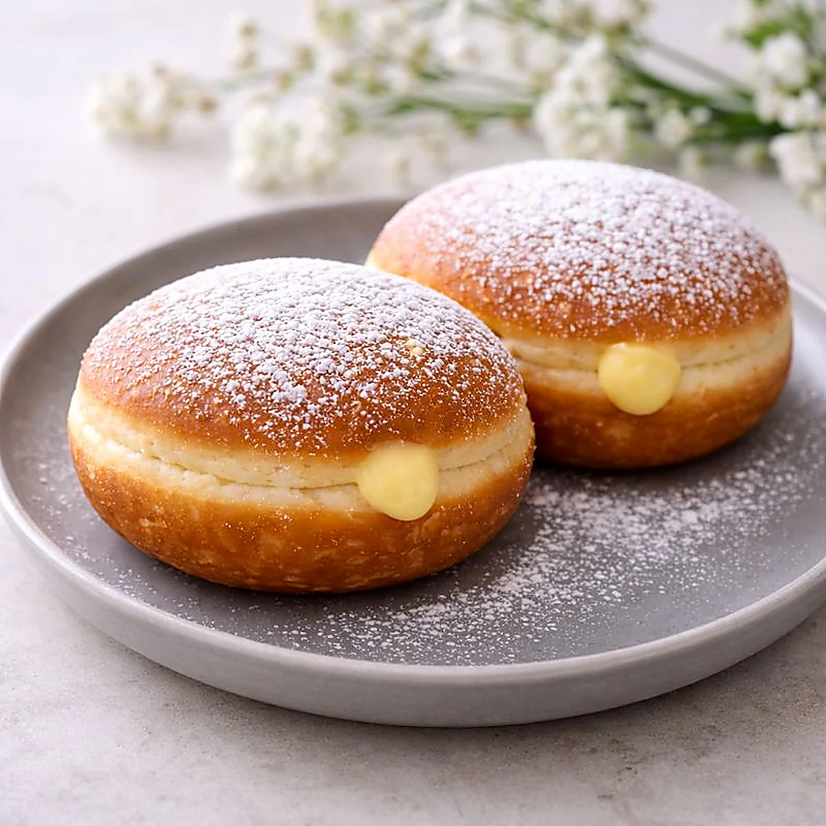 Pączki z adwokatem na matowym szarym talerzyku, delikatnie oprószone cukrem pudrem