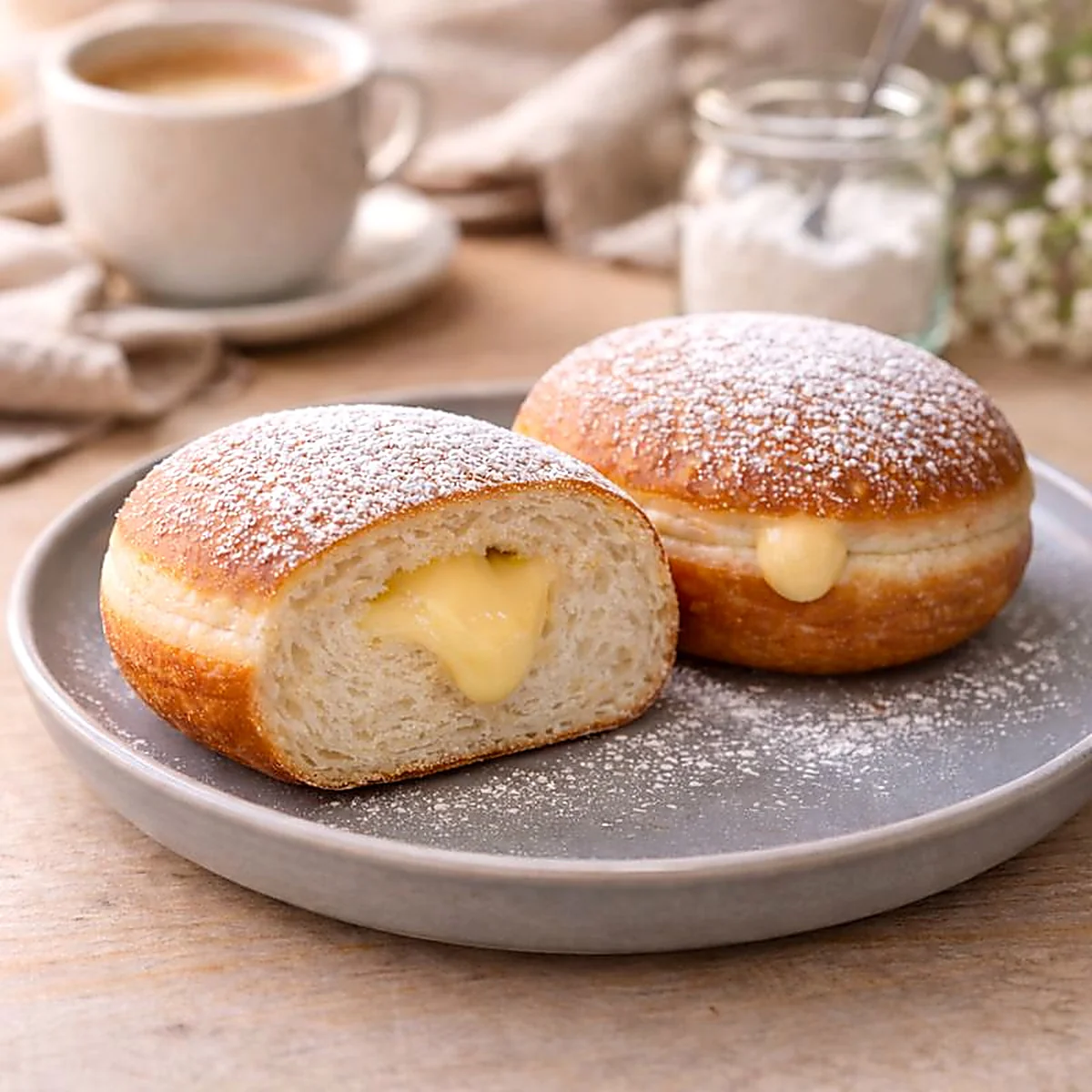 Pączki z adwokatem na szarym talerzyku, w tle filiżanka kawy i lniana serwetka