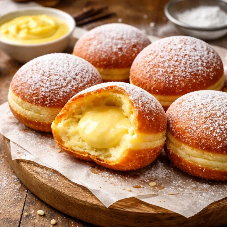 Przekrojone pączki z budyniem oprószone cukrem pudrem, kremowe nadzienie w środku