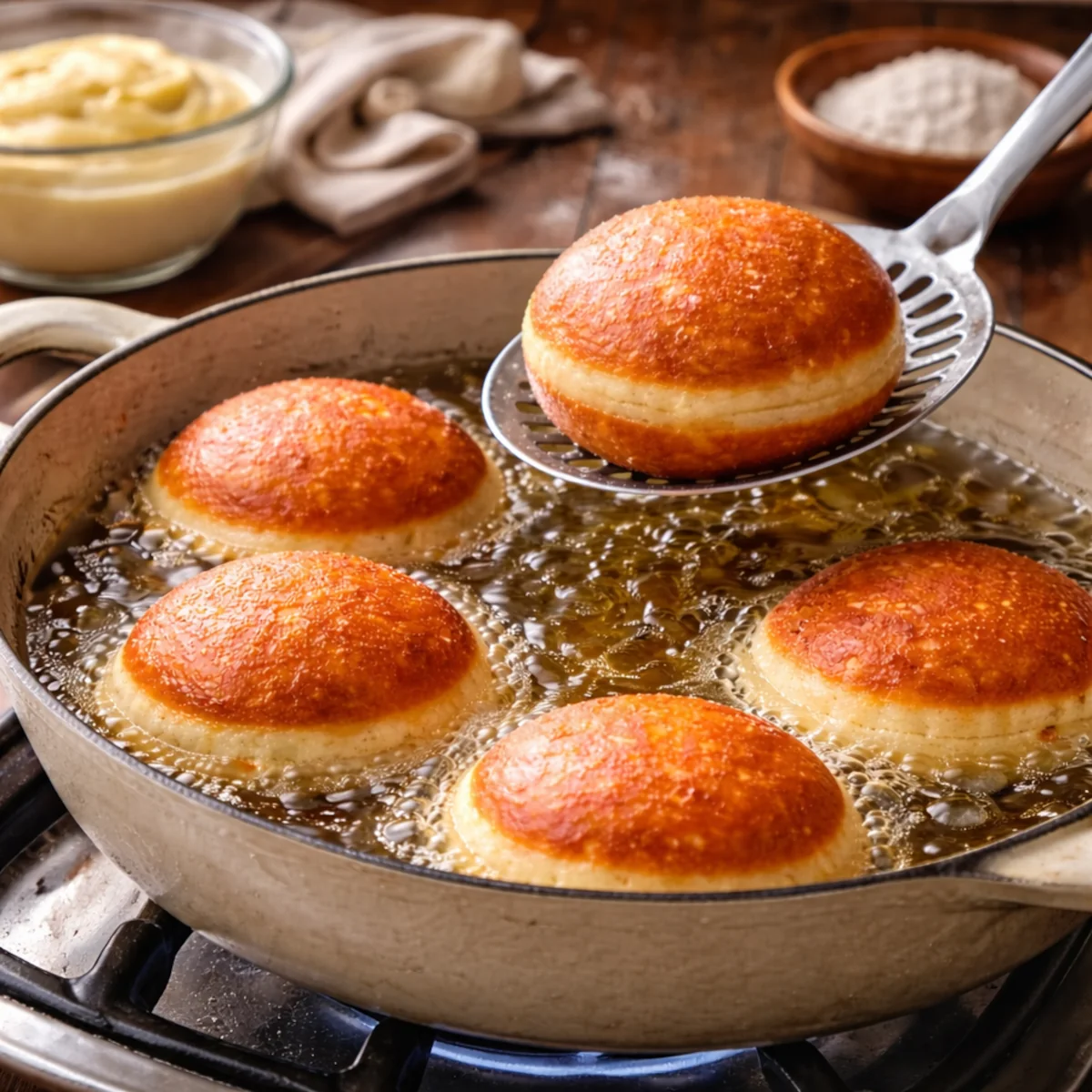 Smażenie pączków z budyniem w oleju na kuchence, jeden pączek na łyżce cedzakowej