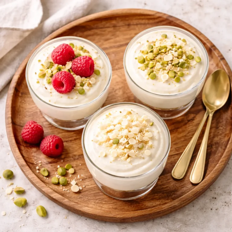 Trzy pucharki z puszystym musem z białej czekolady na drewnianej tacy – dekoracje: maliny, pistacje i wiórki białej czekolady