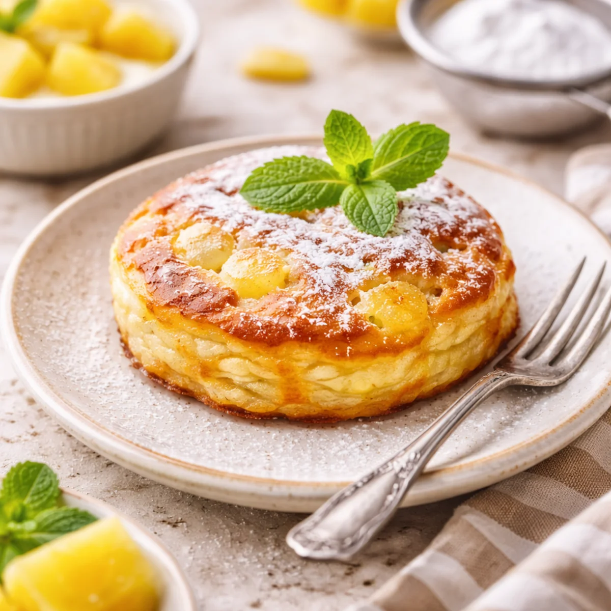 Jeden racuch z ananasem na ceramicznym talerzu, posypany cukrem pudrem, z listkiem mięty i widocznymi kawałkami ananasa