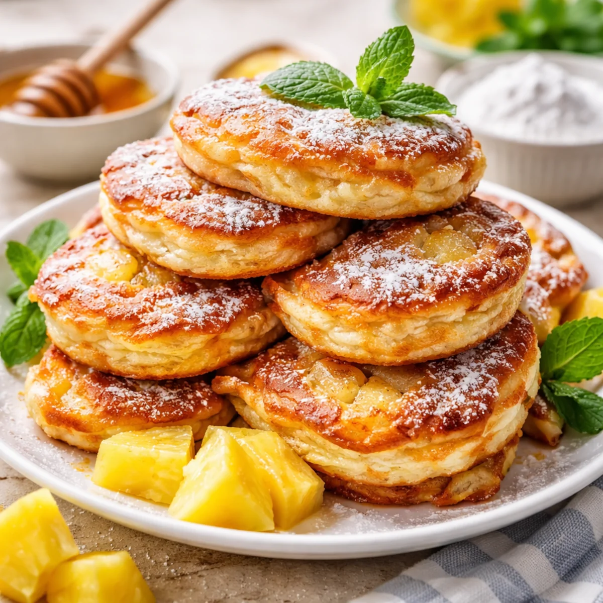 Racuchy z ananasem posypane cukrem pudrem, ułożone w stos na białym talerzu, z kawałkami ananasa i miętą