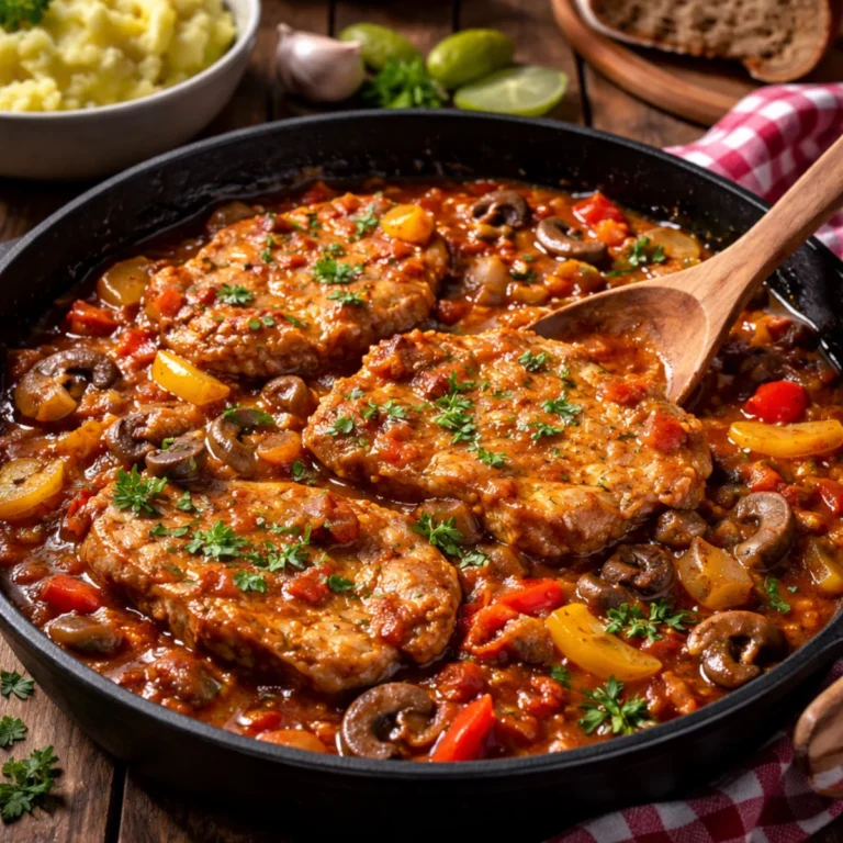 Schab po zbójnicku w patelni żeliwnej w gęstym sosie z pieczarkami, papryką i cebulą