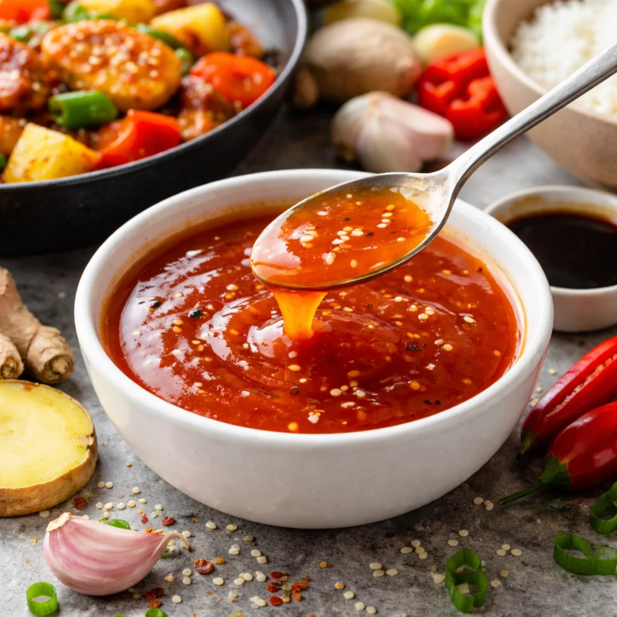 Łyżka nabiera sos słodko-kwaśny z białej miseczki, w tle danie stir-fry z warzywami i ryżem.