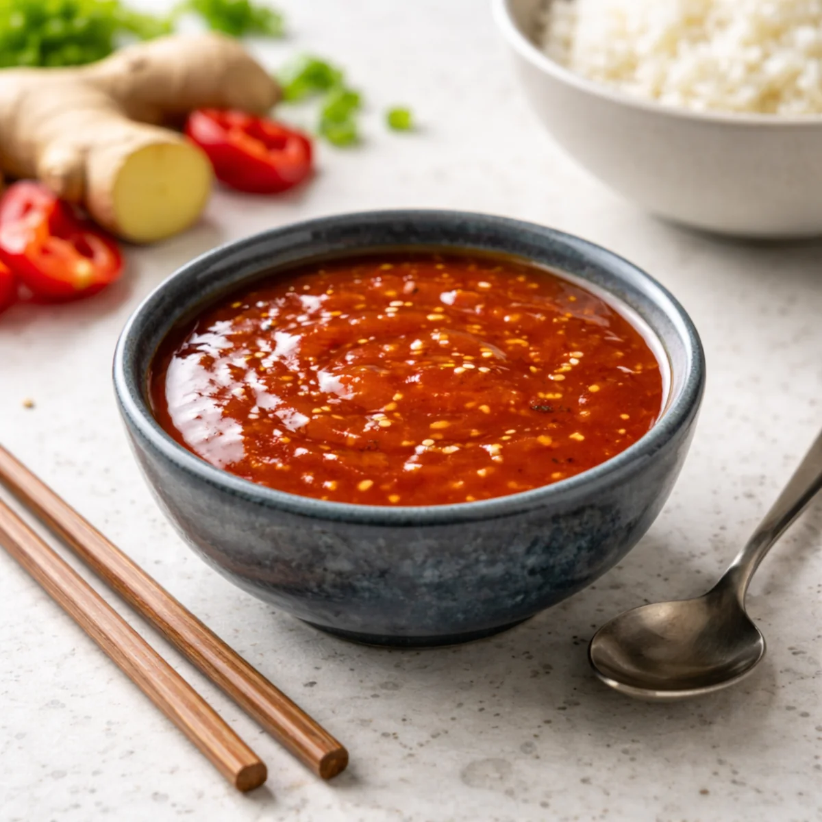 Gęsty sos słodko-kwaśny w ciemnoniebieskiej ceramicznej miseczce na jasnym kamiennym blacie, obok pałeczki i łyżeczka.