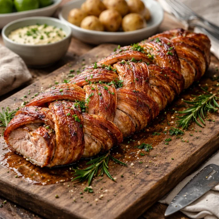 Warkocz z polędwiczki w boczku na drewnianej desce, soczyste mięso i zrumieniony boczek