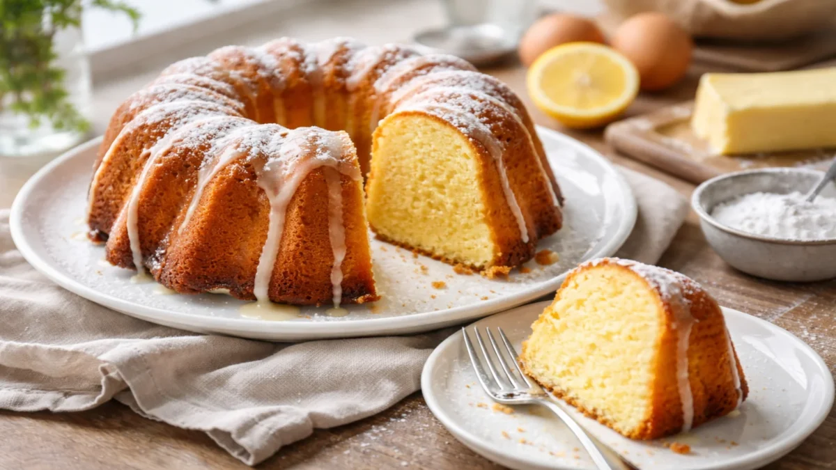 Babka budyniowa z lukrem na białym talerzu oraz kawałek ciasta na małym talerzyku