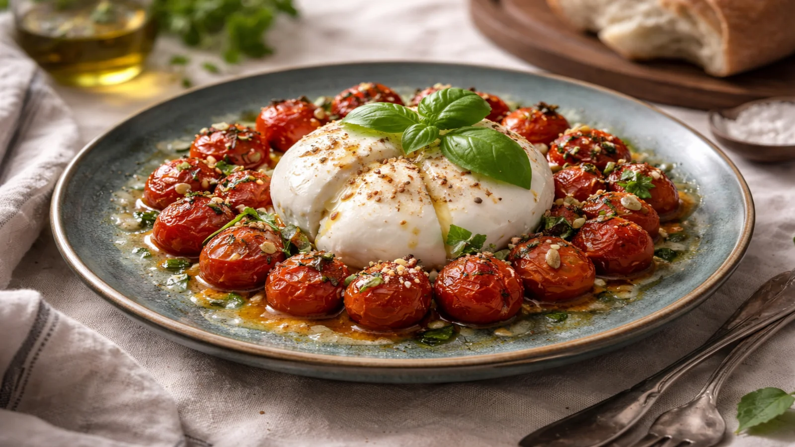 Burrata z pieczonymi pomidorkami podana na eleganckim niebieskozielonym talerzu, z bazylią i oliwą