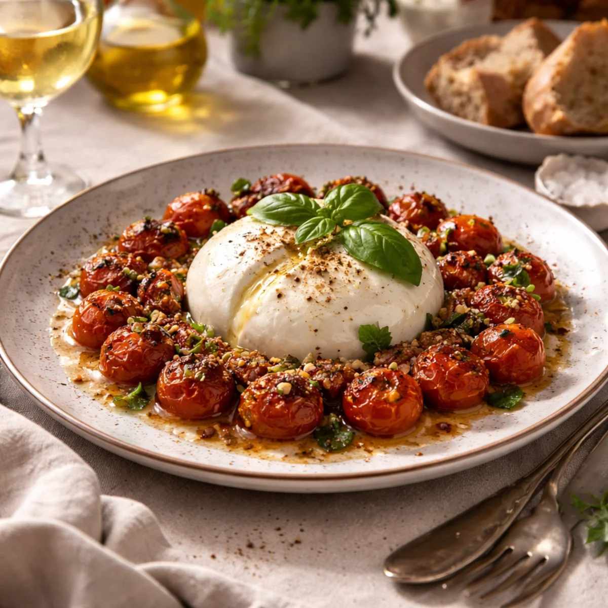 Burrata z pieczonymi pomidorkami na jasnym talerzu, podana z oliwą, bazylią i pieczywem