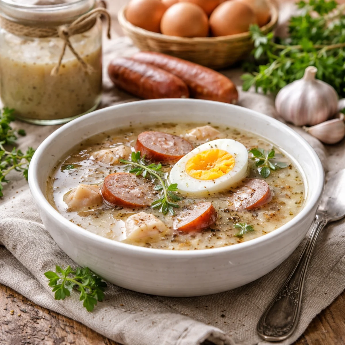 Domowy żurek wielkanocny na zakwasie z jajkiem, białą kiełbasą i przyprawami w jasnej kuchennej aranżacji