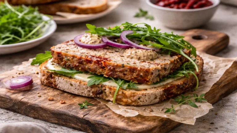 Kanapka z pasztetem z suszonymi pomidorami, rukolą, czerwoną cebulą i sosem musztardowym na drewnianej desce