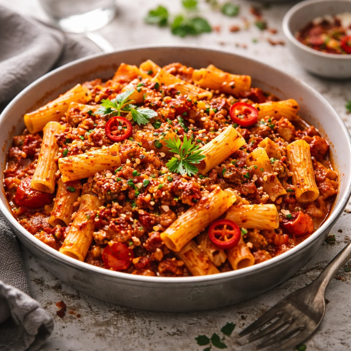 Ostry makaron rigatoni z mięsem mielonym w sosie pomidorowym, plasterki chili i zioła