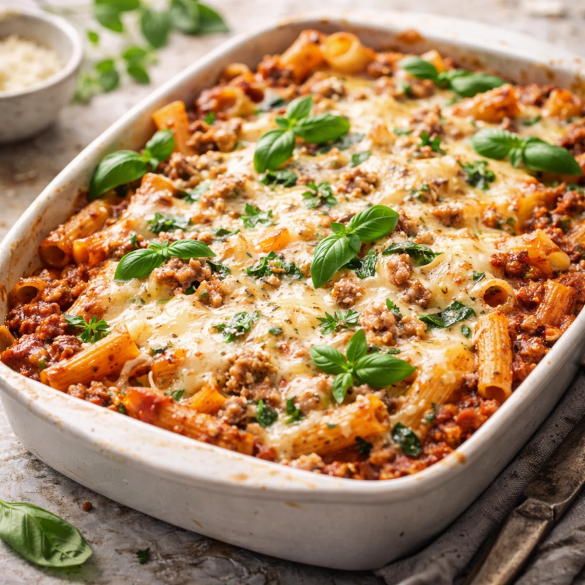 Zapiekany makaron rigatoni z mięsem mielonym i roztopionym serem, bazylia na wierzchu