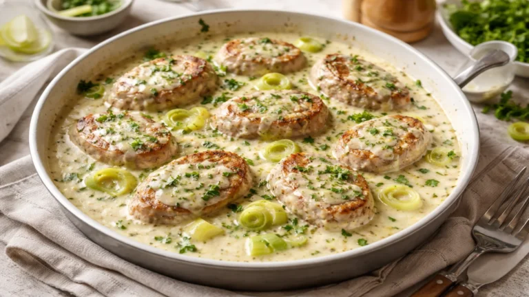 Polędwiczki w sosie porowym na patelni, podane w kremowym sosie z kawałkami pora