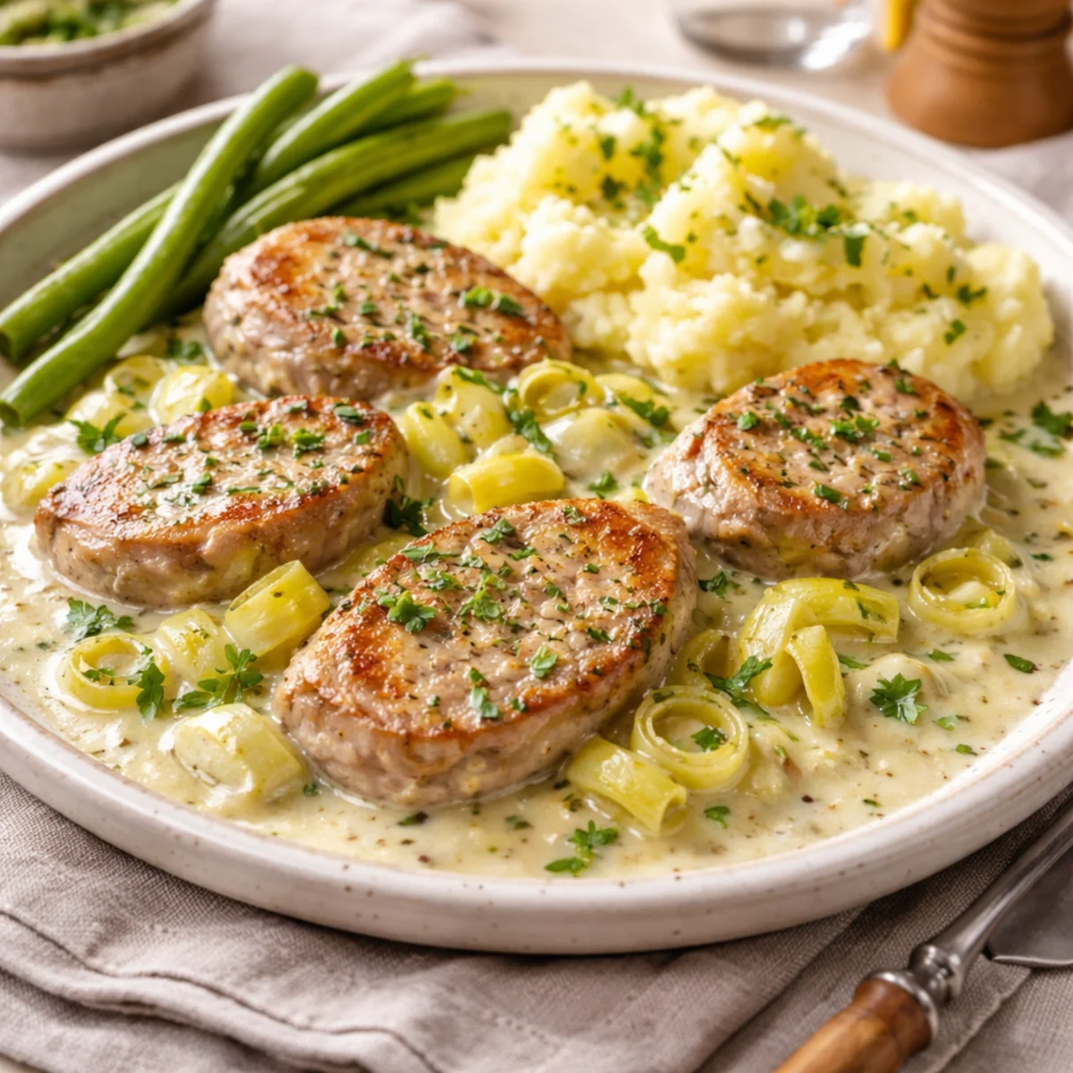 Polędwiczki w sosie porowym na talerzu z puree ziemniaczanym i fasolką szparagową
