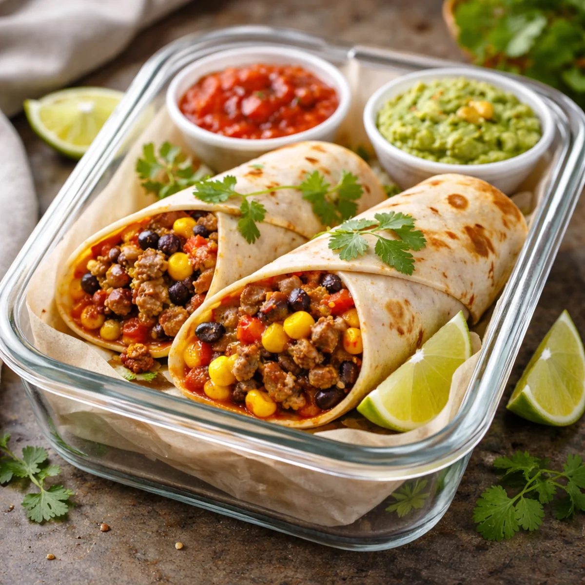 Tortilla meksykańska do lunchboxa z mięsem, fasolą i kukurydzą w szklanym pojemniku z salsą i guacamole