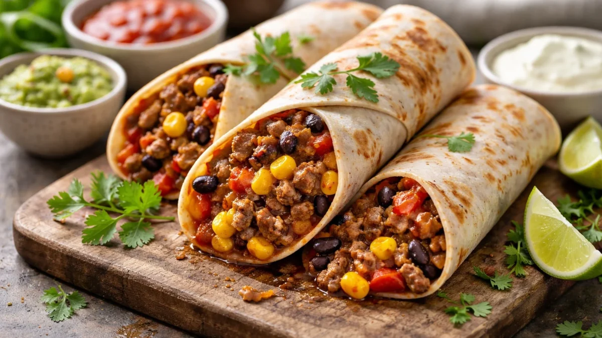 Tortilla meksykańska z mięsem, fasolą i kukurydzą na drewnianej desce, w tle salsa i guacamole